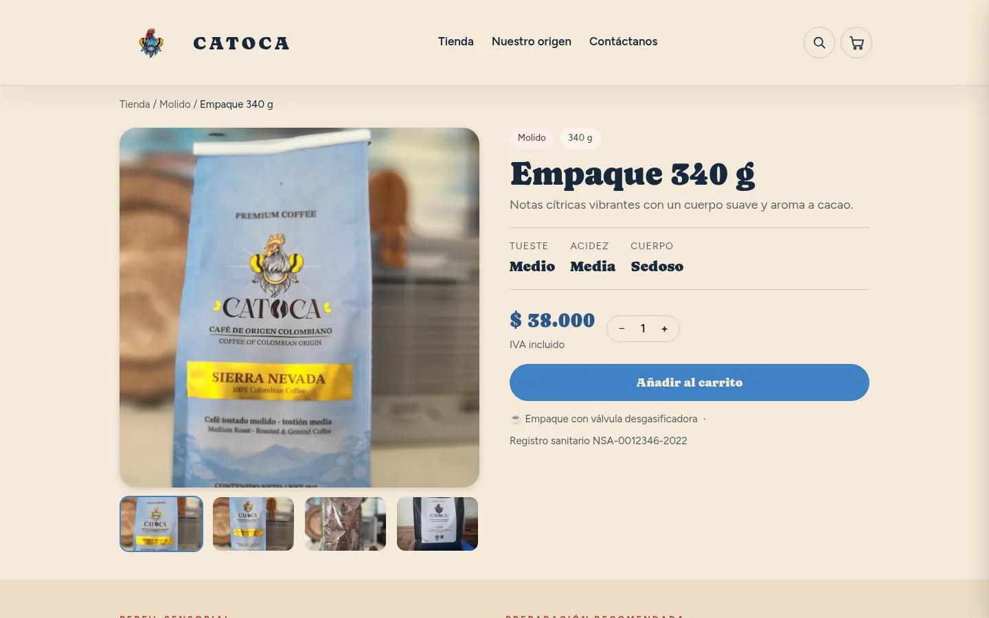 Product page with roast, acidity and body