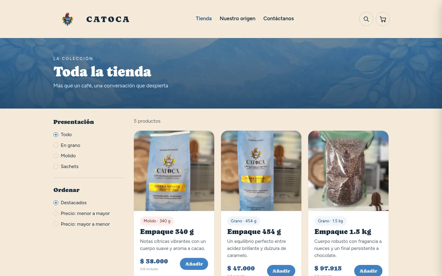 Store with filters by presentation and price sorting