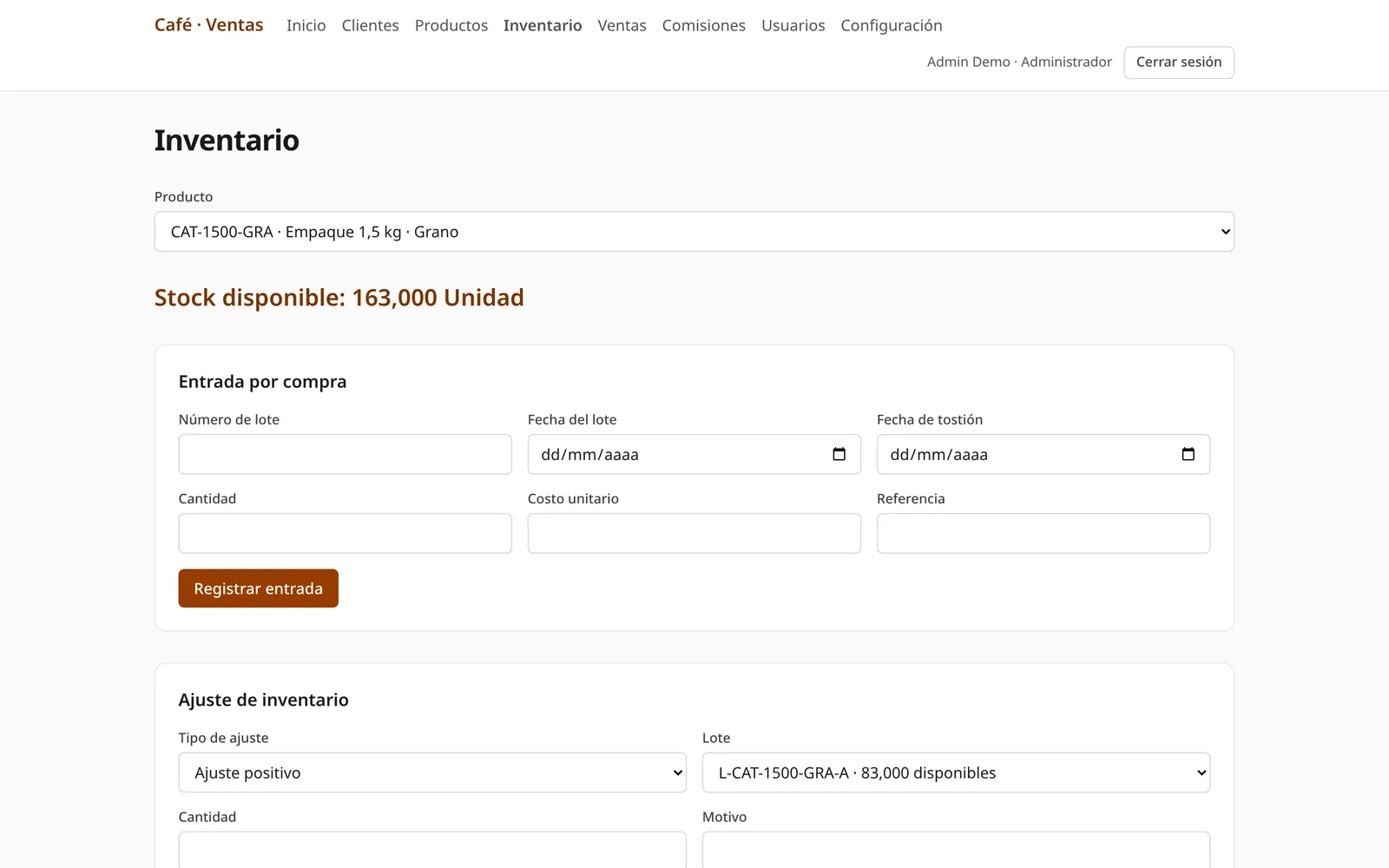 Inventario por lotes con fecha de tostión