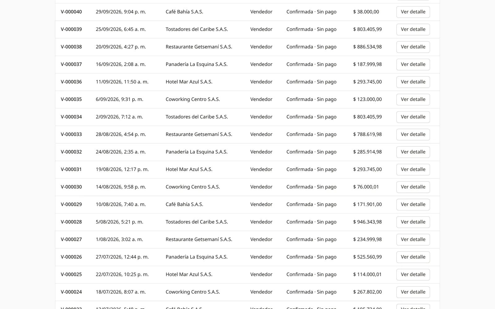 Ventas registradas con estado de pago